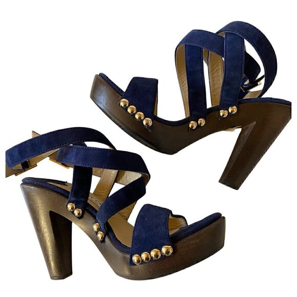 Jimmy Choo Suede Studded Unity Platform Sandals Heels 38 US 8 Blue Gold Strappy - Picture 5 of 16